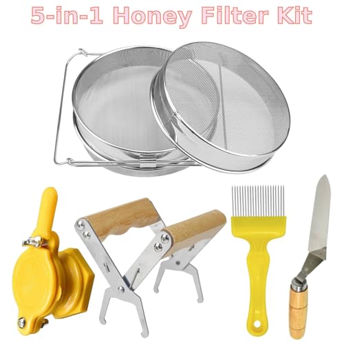 Honey Harvesting Kit Set of 5, Double Sieve Honey Strainer Honey Filter, Frame Holder, Uncapping Knife, Uncapping Fork, Honey Gate
