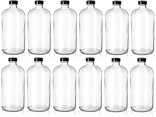 kitchentoolz Set of 12 Clear 32oz Boston Round Glass Bottles with Black Caps – Airtight Poly-Cone Sealed Bottles for Kombucha, Kefir, Beer, Fermentation, and Storage - color: Clear, size: Pack of 12