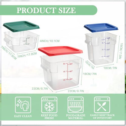Lallisa 6 Pcs Food Storage Containers with Lids, Clear Square Food Containers with Handles Polycarbonate Restaurant Container Commercial Cereal Storage Set for Kitchen, 2, 4 and 6 Qt(Blue, Red, Green) - color: Blue, Red, Green