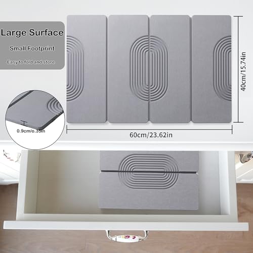 Large Stone Dish Drying Mat for Kitchen Counter,Collapsable Stone Dish Drying Mat with Diatomaceous Earth for Quick Drying-Ultra Absorbent-Eco-Friendly,Foldable -23.6"×15.7" Light Gray Curved Grooves - color: HXTY-Light Gray