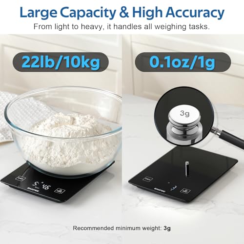 Waterproof Kitchen Food Scale, 1g/22lb, IP67, Rechargeable, Black | Premium Tempered Glass, Clear LED Display, with 6 Units, Tare, Ideal for Baking, Cooking, Making Sourdough Bread