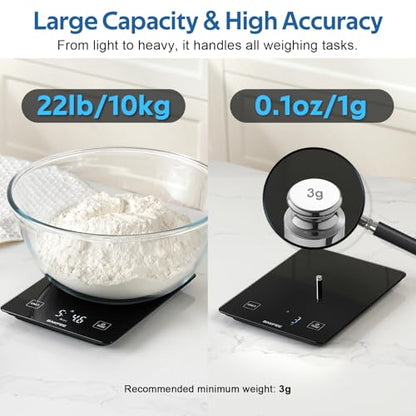 Waterproof Kitchen Food Scale, 1g/22lb, IP67, Rechargeable, Black | Premium Tempered Glass, Clear LED Display, with 6 Units, Tare, Ideal for Baking, Cooking, Making Sourdough Bread