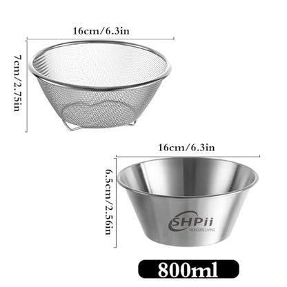 2 Piece Mini 304 Stainless Steel Colander with Mixing Bowl, Kitchen Cooking, Washing Fruits and Vegetables, Back of House Preparation (800ML) - color: Round-800ml