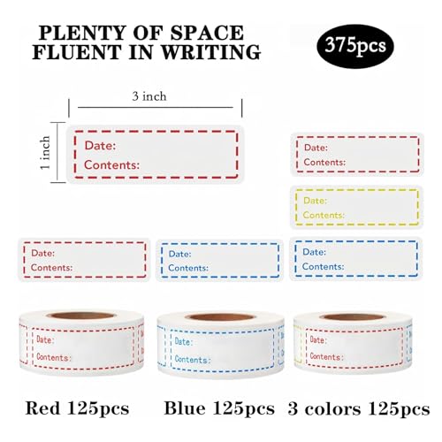 Freezer Labels 375pcs - 3"x1" Self-Adhesive Removable Food Labels | Write-On Waterproof & Oil-Proof Tape for Containers, Meal Prep & Pantry Organization (3 Rolls, 3 Colors) | BPA-free waterproof stickers leave zero residue. Safe for freezer, microwave & o