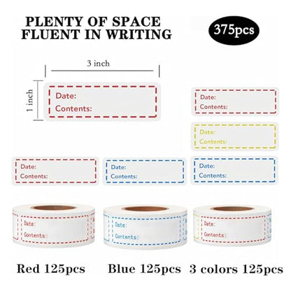 Freezer Labels 375pcs - 3"x1" Self-Adhesive Removable Food Labels | Write-On Waterproof & Oil-Proof Tape for Containers, Meal Prep & Pantry Organization (3 Rolls, 3 Colors) | BPA-free waterproof stickers leave zero residue. Safe for freezer, microwave & o
