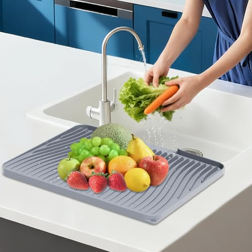 Silicone Dish Drying Mat for Kitchen counter, 15.8"x13" Extra Large Non-Slip Drain Pad with Built-in Drainage, Heat Resistant Dishwasher Safe, Grey - color: Gray, size: 15.8" x 13"