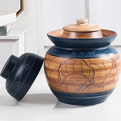 ZHOUXIAO Traditional Chinese Ceramic Fermenting Jar Fermentation Crock Carved Lotus Food Storage Containers Pickle Jars with Water Seal Airlock Lid Sealing Jars for Sauerkrau 1.75KG