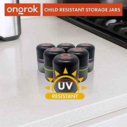 ONGROK Glass Storage Jar, 80ml, 6 Pack | UV Herb/Spice Jar with Child‑Resistant Lid, Color‑Coded Glass Containers to Preserve Smell and Aroma - size: 80ML - 6 Pack