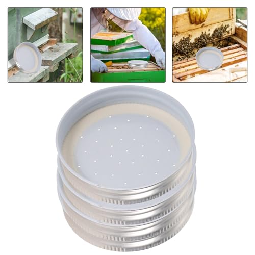 Happyyami 4pcs Entrance Feeder Beehive Feeder Lids Honey Bee Feeder Mason Jar Lids Plastic Bee Hive Entrance Feeder with Perforated Lids Beekeeping Perforated Lid Fits Mason Jars
