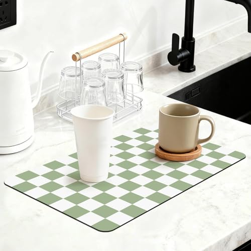 12" x 20" Checkered Dish Drying Mat for Kitchen Counter, Absorbent Coffee Bar Mat for Espresso Machine Coffee Countertops Accessories, Sage - color: Sage, size: 12" x 20"