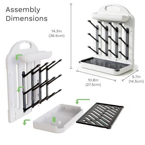 Baby Bottle Drying Rack, Modular Vertical Bottle Drying Rack for Baby Bottles, Pump Parts and Pacifiers, Space Saving Countertop Baby Bottle Organizer with 12 Hooks, Stable Base and Drip Tray (Black)