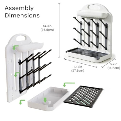 Baby Bottle Drying Rack, Modular Vertical Bottle Drying Rack for Baby Bottles, Pump Parts and Pacifiers, Space Saving Countertop Baby Bottle Organizer with 12 Hooks, Stable Base and Drip Tray (Black)