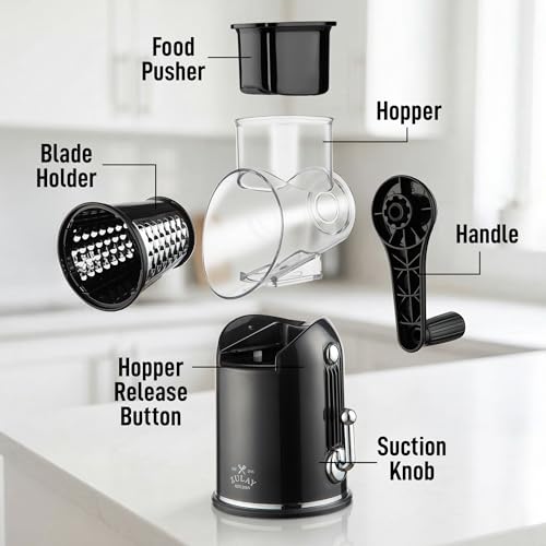 Zulay Kitchen Rotary Cheese Grater 5 Blade Cheese Shredder - Manual Hand Crank Cheese Grater With Reinforced Suction & 5 Interchangeable Drums - Easy to Use, Vegetable Chopper Round Mandoline Slicer - color: Classic | Black