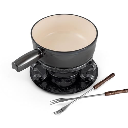 Swissmar Lugano Cast Iron Cheese Fondue Set, 9-Piece, 2 QT / 2 L - Ideal for Melting Cheese, Chocolates, Caramel, & More - Perfect for Kitchen Collection & Gift Giving - Metallic Black - color: Metallic Black