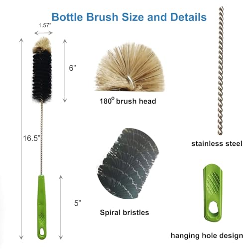 2 Pack 16" Bottle Brush, Dokpod Long Handle Cleaning Brushes for Long Narrow Neck Bottle Cleaning Water Beer Wine Sports Bottle Thermos Flask Bottles Cleaning Hummingbird Feeder Vase Cleaning Brushes - color: Black 2 Pack