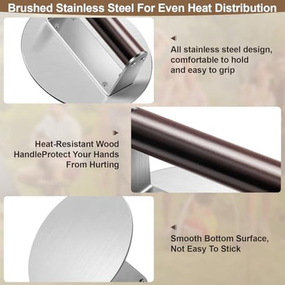 Stainless Steel Burger Press, 6.3" NonStick Hamburger Smasher Tool & Grill Press, 1.32lbs Grill Press with Wood Handle for Blackstone Camp Chef Pitboss Weber Griddle Grills(Round) - size: 6.3inch