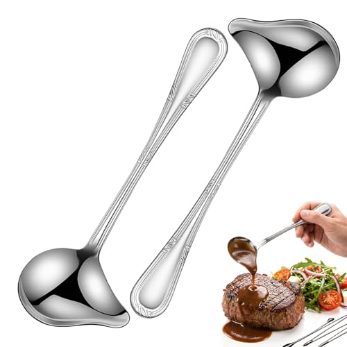 2 Pcs Small Ladle with Pouring Spout Stainless Steel Gravy Spoon Sauce Drizzle Spoon for Spooning Gravies Sauces Dressings Kitchen Utensils (8 x 2.9 Inch)