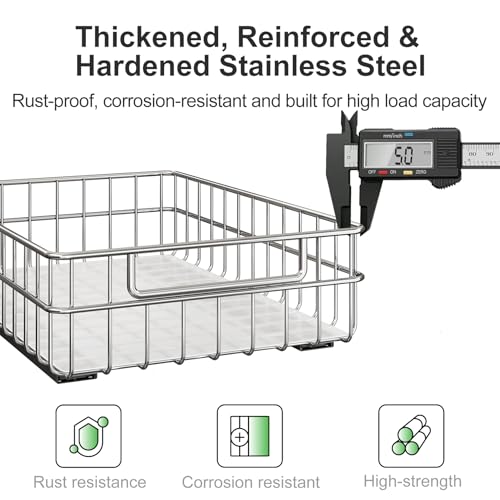 Pull out Cabinet Organizer, Stainless Steel 2-Pack Slide out Drawer with Silent Full-Extension Slides, Adhesive Roll out Can Spice Storage Basket Shelf Rack for Pantry, Kitchen, Bathroom, Home Closet - size: (11.8"W x 16.5"D x 4.7"H)