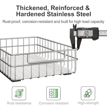 Pull out Cabinet Organizer, Stainless Steel 2-Pack (9.8"W x 16.5"D) Full-Extension Slide out Drawer, Adhesive Roll out Can Spice Storage Basket Shelf Rack for Pantry, Kitchen, Bathroom, Home Closet - size: (9.8"W x 16.5"D x 4.7"H)