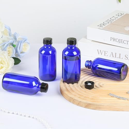 ZBCCCEOB 4 oz Small Glass Bottles with Lids, Boston Round Shot Bottles for Ginger Juice, Essential Oils - Leak Proof Mini Travel Containers(Blue, 24Pack) - color: Blue UV, size: 4oz 24