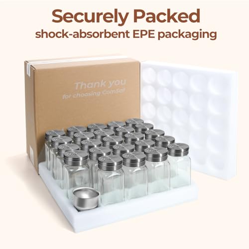 ComSaf Glass Spice Jars with Shaker Lids 4 oz 24 Pack Small Square Bulk Set | Labels, Seasoning Herbs Powders, Salt Pepper Chili, Spice Rack Organization, Kitchen Cabinet Storage, Funnel Included - color: Silver Lids