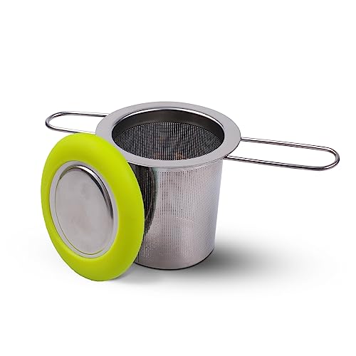 Tea Infuser Stainless Steel Tea Strainer Folding Handle Tea Filter Extra Fine Mesh Strainer Brewing Basket with Lid for Loose Leaf Tea (Green) - color: Green