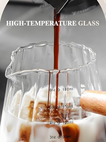 TIWPAJS Espresso Cups 6OZ, Espresso Accessories, Expresso Shots Cup, Espresso Shot Glass with V-Shaped Mouth, Ribbed Milk Frothing Pitcher, Glass Measuring Cup