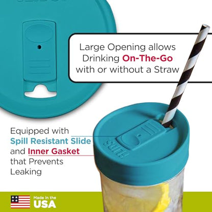 Wide-Mouth Mason Jar Drink Lid - USA Made, BPA-Free, Spill-Resistant for Coffee, Cold Brew & Iced Tea - Fits 3 3/8 in Ball & Kerr Wide Mouth - Pack of 2 - color: Aqua Blue
