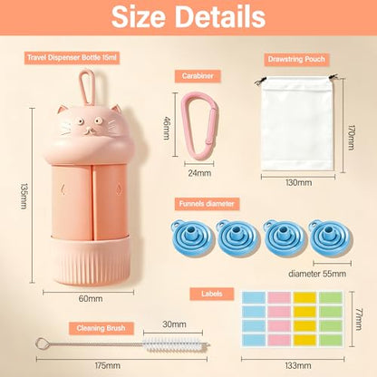 4 in 1 Portable Travel Dispenser Bottle Set (4 x 15 mL) Refillable Leakproof Travel Bottles with Cleaning Brush, Carabiner, Labels, Drawstring Pouch & 4 Funnels for Shampoo, Lotion & Body Wash(Beige) - color: Beige
