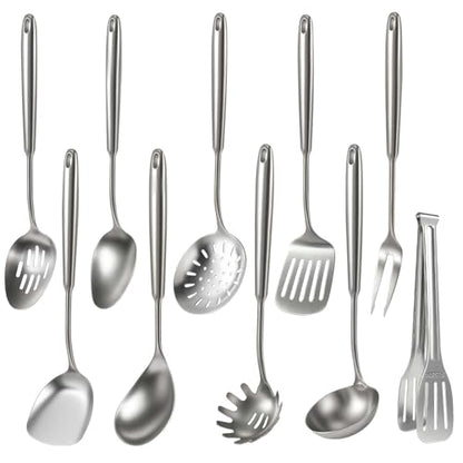 Newness 10 Pcs Cooking Utensils Set,18/8 304 Stainless Steel Kitchen Utensils Set, Metal Kitchen Accessories, Include Soup Ladle, Slotted Skimmer Spoon, Spaghetti Spoon, Spatula, Tongs,Dishwasher Safe - size: 10 PCS Cooking Utensils Set