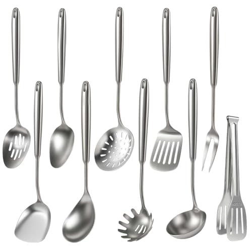Newness 10 Pcs Cooking Utensils Set,18/8 304 Stainless Steel Kitchen Utensils Set, Metal Kitchen Accessories, Include Soup Ladle, Slotted Skimmer Spoon, Spaghetti Spoon, Spatula, Tongs,Dishwasher Safe - size: 10 PCS Cooking Utensils Set