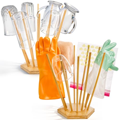 Elsjoy Set of 2 Plastic Bag and Bottle Drying Racks, Countertop Kitchen Bamboo Drying Stands for Cup, Mug, Gloves, Silicone Bags