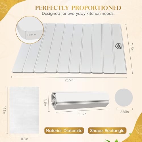 Upgraded Micro Groove Stone Dish Drying Mat for Kitchen Counter, White 24"(L)x16"(W) Large Kitchen Drying Mat, Diatomaceous Earth Stone Mat, Collapsible Dish Drying Mat