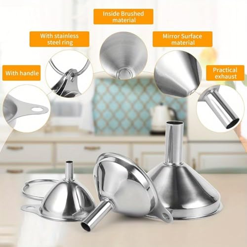 3-Pack Stainless Steel Funnel Set - Small Mouth Funnels for Wine, Oil, Liquor & Kitchen Liquids, Food Grade Metal Funnels for Efficient Pouring, Dishwasher Safe Bar & Home Accessories