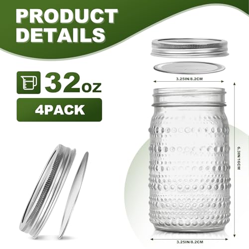 Wide Mouth Mason Jars 32 oz, 4 Pack Glass Canning Jars with Airtight Lids & Bands, Large Leak Proof Storage Containers for Canning, Pickling, Fermenting, Crafts & Pantry Organization