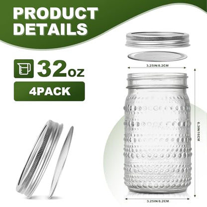 Wide Mouth Mason Jars 32 oz, 4 Pack Glass Canning Jars with Airtight Lids & Bands, Large Leak Proof Storage Containers for Canning, Pickling, Fermenting, Crafts & Pantry Organization