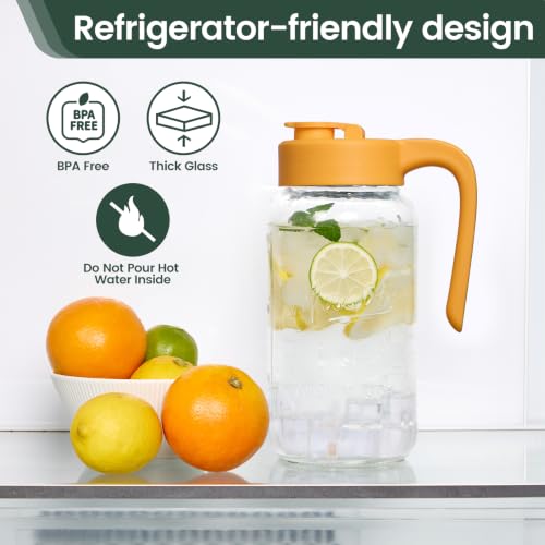 Mason Jar Pitcher - Airtight & Leakproof Glass Pitcher with Lid, Perfect for Breastmilk, Cold Brew, and Sun Tea, 2 Quart (64 oz) Mason Jar with Pour Spout Lid - color: Yellow