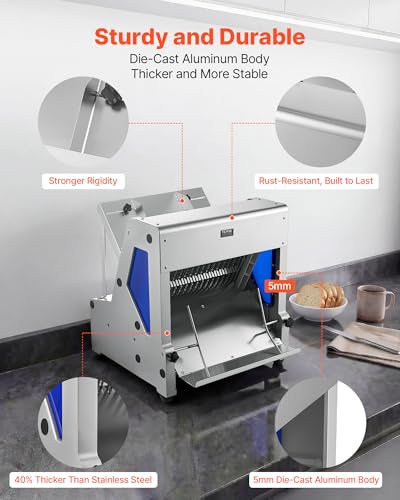 VEVOR Electric Bread Slicer, 370W Bread Slicing Machine, Die-Cast Aluminum Countertop Bread Cutter Machine for 12mm Slice Thickness, Commercial & Home Use for Bakeries Restaurants, 120V - size: Upgraded Electric Bread Slicer