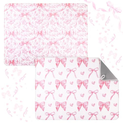SiliFine 2 Pcs Large Coquette Pink Bow Dish Drying Mat Large for Kitchen, 18 X 24 Inch Bow Absorbent Microfiber Coffee Bar Pad for Women Counter Kitchen Home Accessories Party Gifts - style: Pink Bow