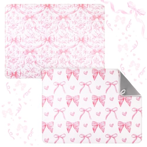 SiliFine 2 Pcs Large Coquette Pink Bow Dish Drying Mat Large for Kitchen, 18 X 24 Inch Bow Absorbent Microfiber Coffee Bar Pad for Women Counter Kitchen Home Accessories Party Gifts - style: Pink Bow