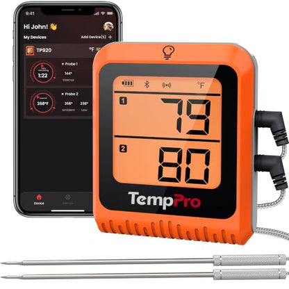 TempPro Wireless Meat Thermometer Digital for Grilling and Smoking, 2 Probes Bluetooth Meat Thermometer for Cooking, Rechargeable Smoker Accessories for BBQ Oven (Previously ThermoPro) - style: 2 Probes