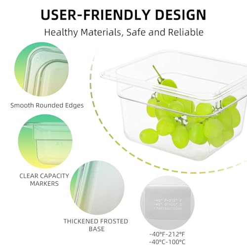 6 Pack 1/6 Size Food Pan with Lids,Stackable Freezer-Safe Meal Prep Containers for homes schools restaurants hotels -40°F to 212°F (1/6 size 4 inch deep, 1.53L/1.62QT) - size: 1/6 size 4 inch deep