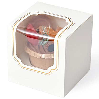 Happyhiram Gold Foil Cupcake Boxes 100 Pcs Bulk, Individual Cupcake Box for Graduation Party Single Cupcake Containers Cardboard Holders with Window and Insert Cocoa Bombs Packaging Togo Boxes - color: Gold White, size: 100-Count