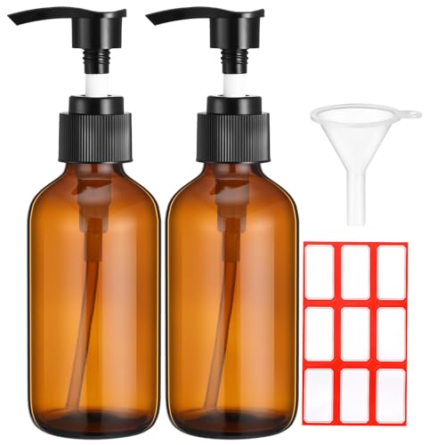 Fumete 2 Pack Glass Bottles 4oz Empty Refillable Liquid Containers with 1 Label 1 Funnel for Essential Oils Hair Travel Plants Cleaning Skin Care(Amber, Black Top,Pump Bottle) - color: Amber, Black Top, style: Pump Bottle