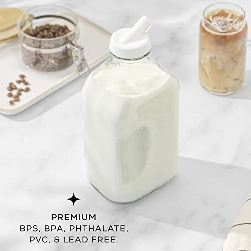 JoyJolt Glass Milk Bottles with Lids and Pourer – 64 Oz, 3 Pack Airtight Heavy Duty Reusable Glass Bottles, Leakproof, BPA-Free, Food Grade, Dishwasher Safe Jug, Pitcher for Milk, Juice, and Water - size: 64 Oz