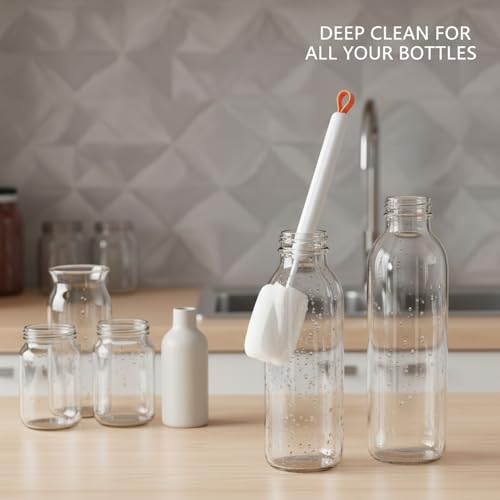 Long Handle Bottle Cleaning Brush with Soft Sponge Head for Deep Cups, Narrow Neck Bottles & Vases - 13 Inch - color: White