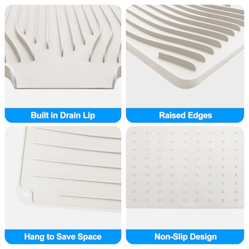 Silicone Dish Drying Mat for Kitchen Countertops and Sinks,19 x13.7 Inch Non Slip Heat Resistant Mat with Built In Drainage System,For Refrigerator and Drawer Liners (Creamy-white, 19 x13.7 Inch) - color: Creamy-white