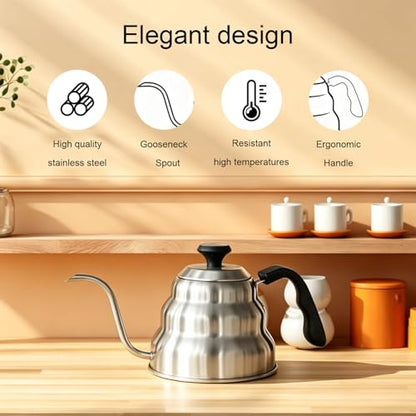 Gooseneck Kettle 1000ml for Pour Over Coffee Stovetop – Stainless Steel Coffee Pot with Precision Spout, 304 Food-Grade BPA-Free, Heat-Resistant Handle, for Gas Electric Ceramic Stove - size: 1000ML
