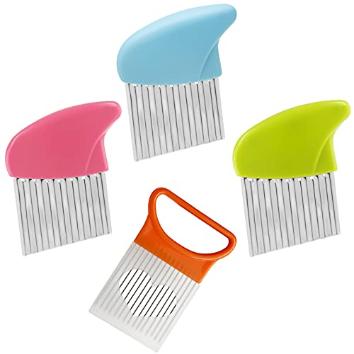 Luomorgo Stainless Steel Potato Crinkle Cutter Knife Set | 1 Fork Slicing Helper, 3 Carrot Wavy Knife, French Fry Slicer, Vegetable Wavy Chopper - color: Green & Pink & Blue & Orange