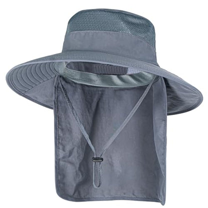 Sun Hats for Men Women Fishing Hat UPF 50+ Breathable Wide Brim Bucket Hats Summer UV Protection Safari Hat with Neck Flap - color: Dark Grey